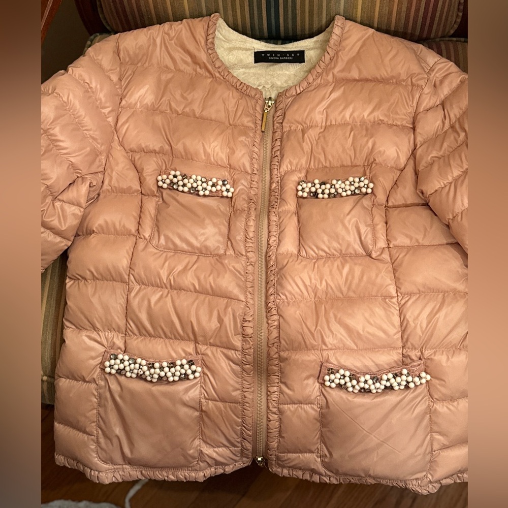 Gorgeous Light Pink Twin-Set Jacket with Beading, Ruffles and Lace Interior